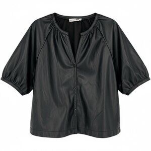 Avec Les Filles Faux Leather Short Sleeve Black Blouse Size XL NWT